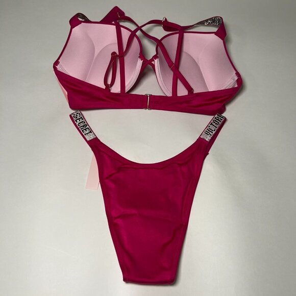 Victoria Secret 32B XS Bombshell Push Up Top Bikini Set LOGO Shine Strap Rose - Picture 3 of 14